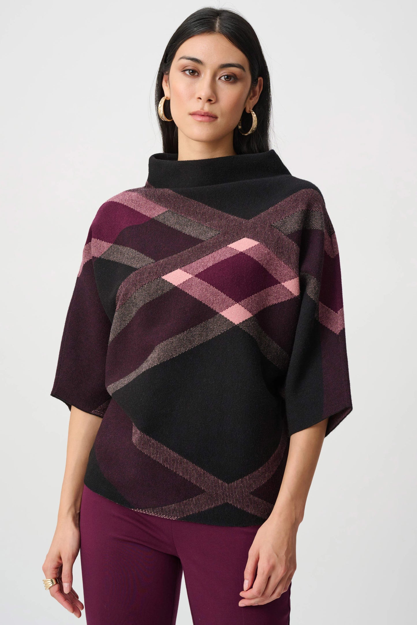 Tricot à col entonnoir à carreaux - JOSEPH RIBKOFF - 263947